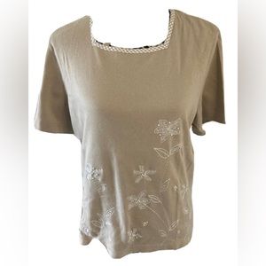 Alfred Dunner Top Blouse Size PL Beige Floral Beaded Short Sleeve Square Neck